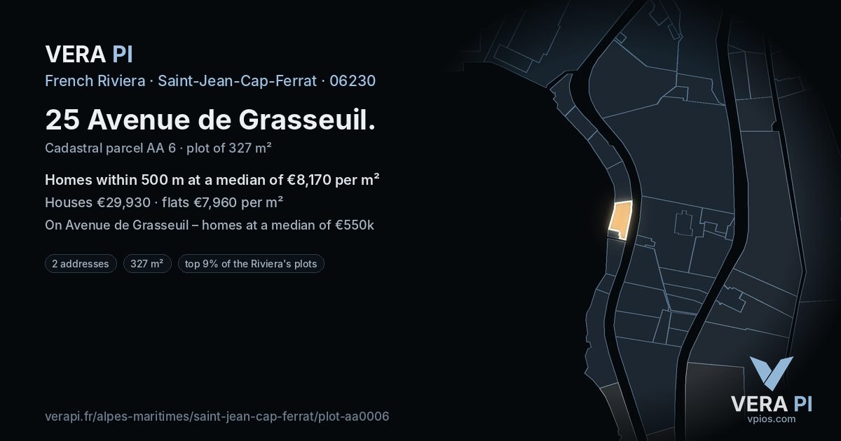 25 Avenue de Grasseuil, Saint-Jean-Cap-Ferrat at night – the plot lit, the parcels around coloured by the prices near them