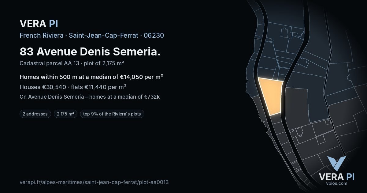 83 Avenue Denis Semeria, Saint-Jean-Cap-Ferrat at night – the plot lit, the parcels around coloured by the prices near them