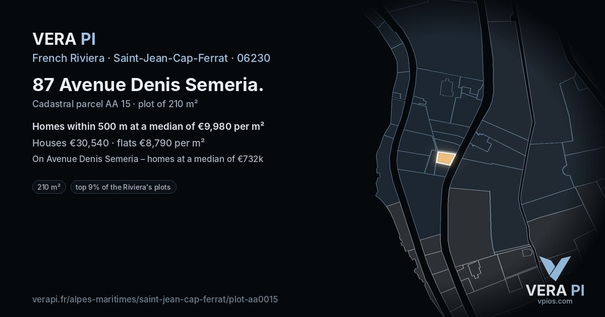 87 Avenue Denis Semeria, Saint-Jean-Cap-Ferrat at night – the plot lit, the parcels around coloured by the prices near them