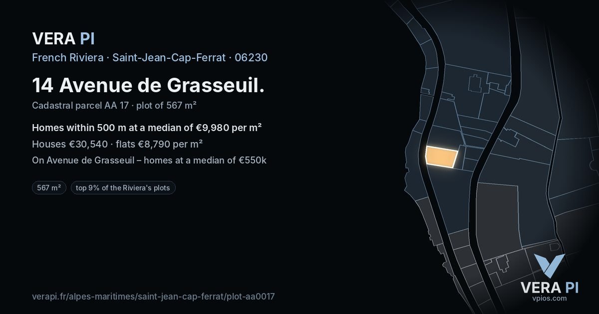 14 Avenue de Grasseuil, Saint-Jean-Cap-Ferrat at night – the plot lit, the parcels around coloured by the prices near them