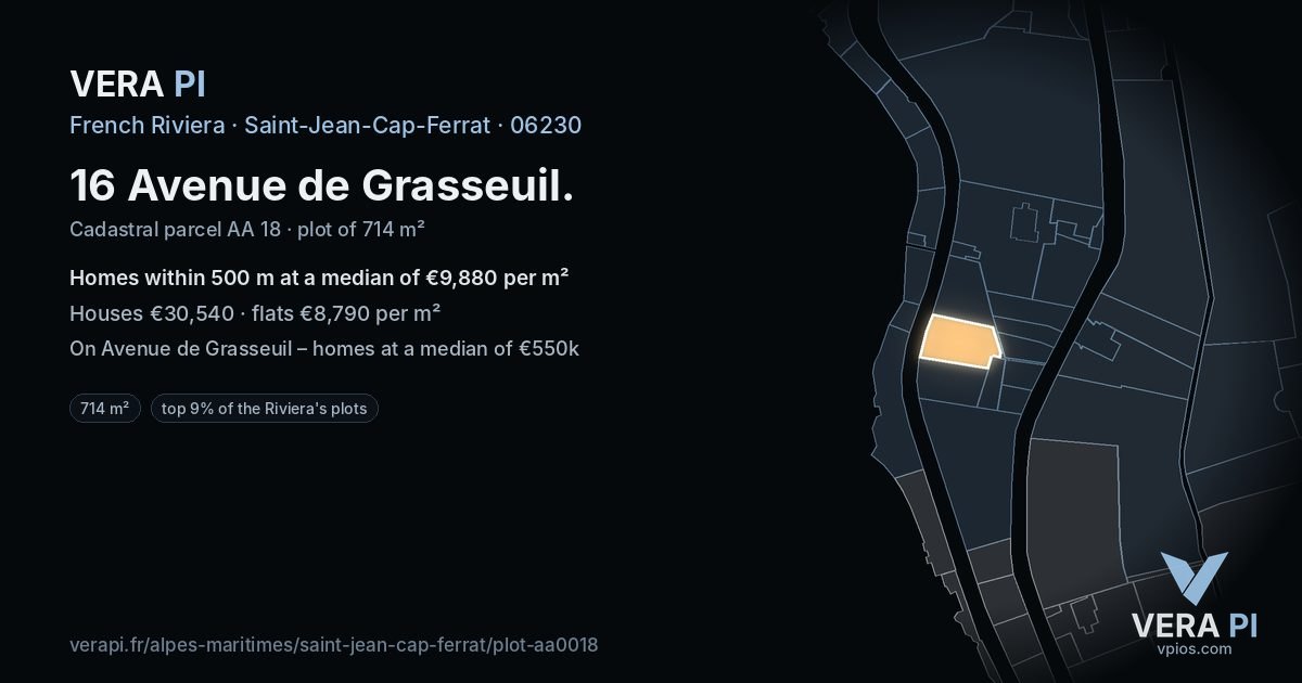 16 Avenue de Grasseuil, Saint-Jean-Cap-Ferrat at night – the plot lit, the parcels around coloured by the prices near them