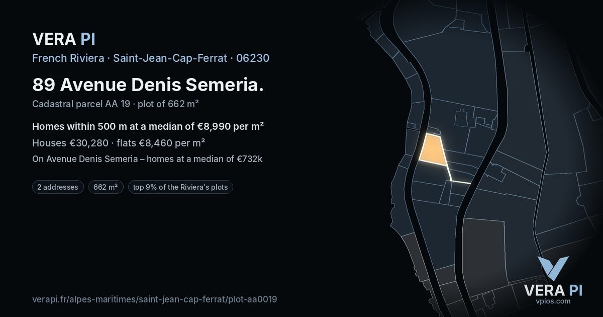 89 Avenue Denis Semeria, Saint-Jean-Cap-Ferrat at night – the plot lit, the parcels around coloured by the prices near them