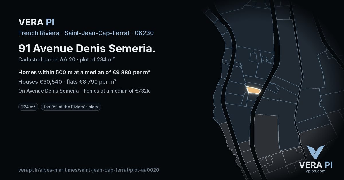 91 Avenue Denis Semeria, Saint-Jean-Cap-Ferrat at night – the plot lit, the parcels around coloured by the prices near them