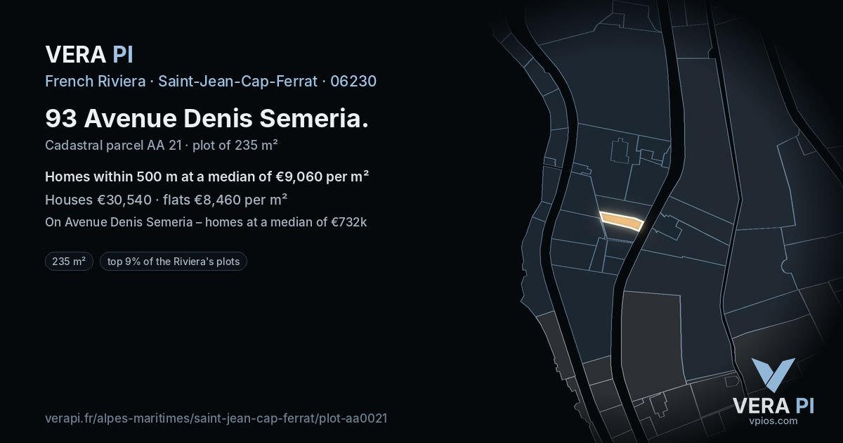 93 Avenue Denis Semeria, Saint-Jean-Cap-Ferrat at night – the plot lit, the parcels around coloured by the prices near them