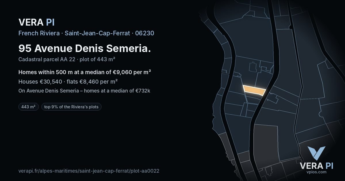 95 Avenue Denis Semeria, Saint-Jean-Cap-Ferrat at night – the plot lit, the parcels around coloured by the prices near them