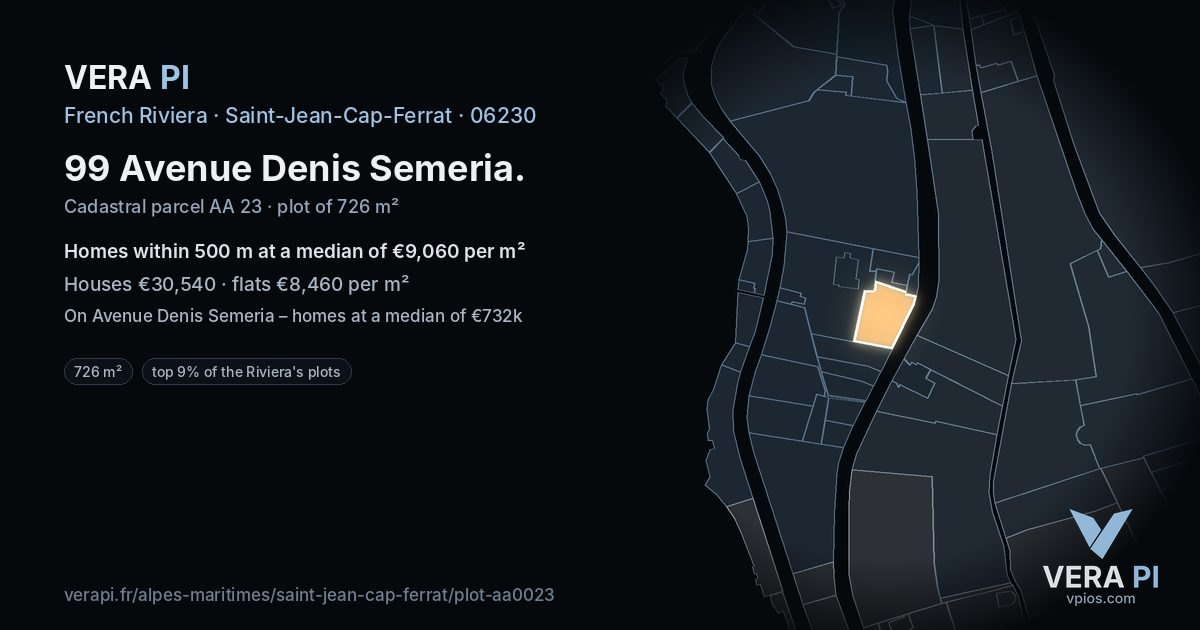 99 Avenue Denis Semeria, Saint-Jean-Cap-Ferrat at night – the plot lit, the parcels around coloured by the prices near them