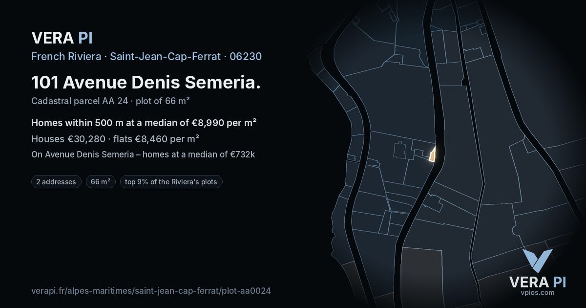 101 Avenue Denis Semeria, Saint-Jean-Cap-Ferrat at night – the plot lit, the parcels around coloured by the prices near them