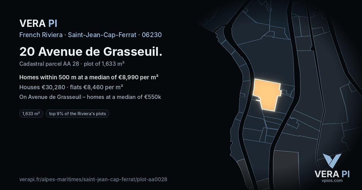20 Avenue de Grasseuil, Saint-Jean-Cap-Ferrat at night – the plot lit, the parcels around coloured by the prices near them