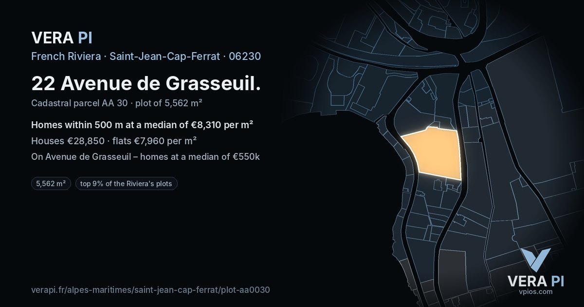 22 Avenue de Grasseuil, Saint-Jean-Cap-Ferrat at night – the plot lit, the parcels around coloured by the prices near them