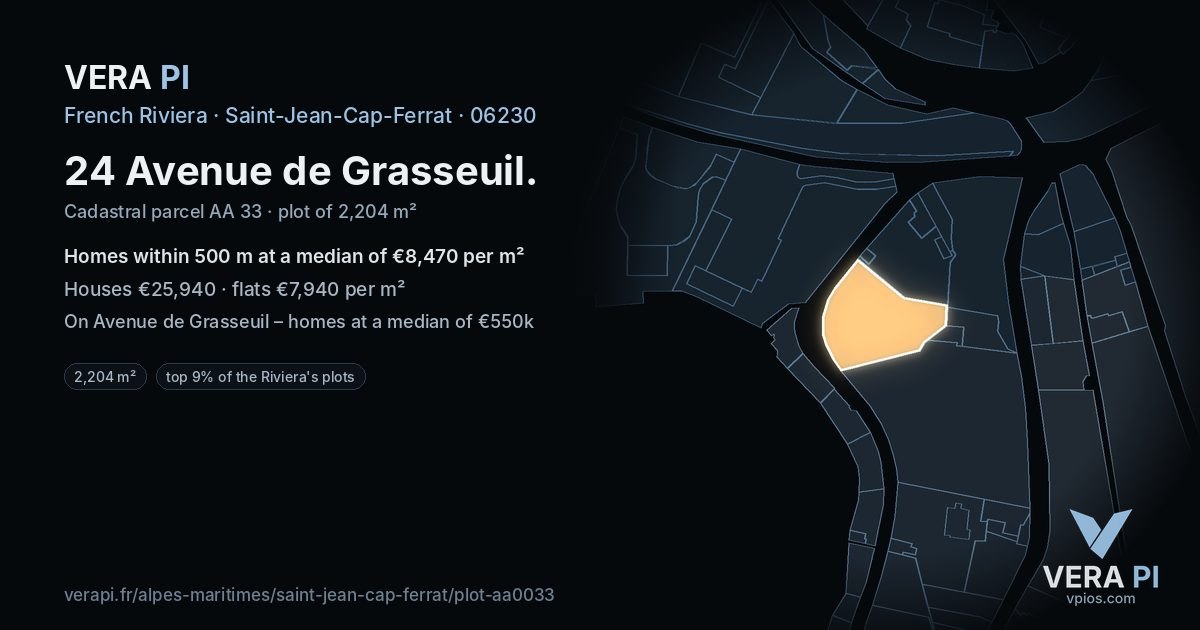 24 Avenue de Grasseuil, Saint-Jean-Cap-Ferrat at night – the plot lit, the parcels around coloured by the prices near them