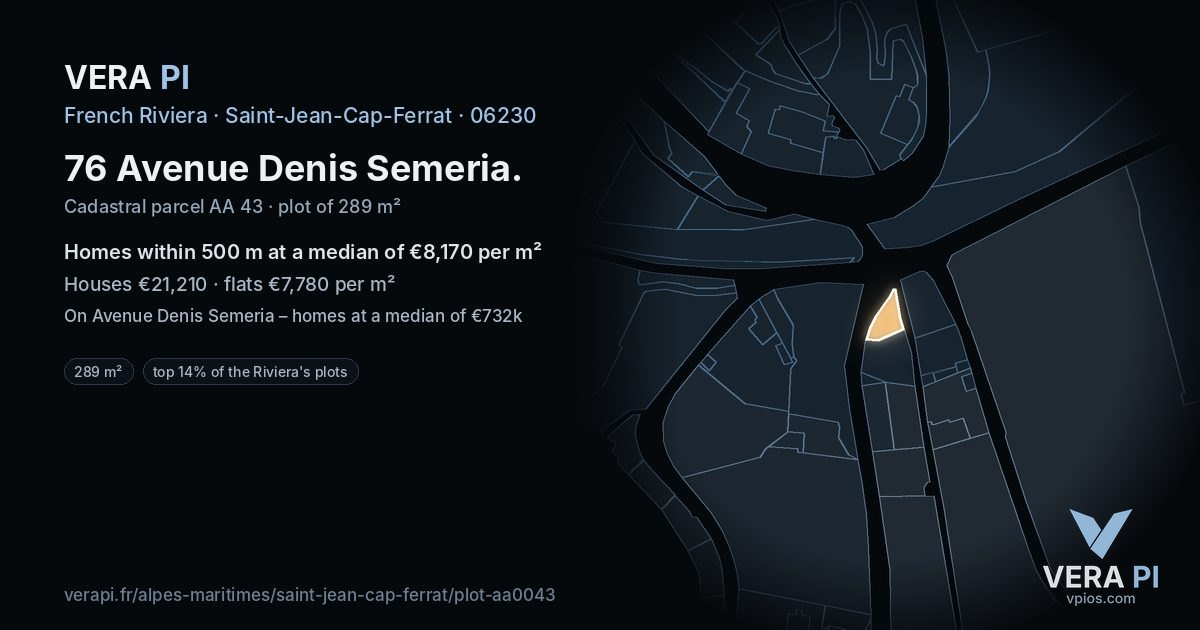 76 Avenue Denis Semeria, Saint-Jean-Cap-Ferrat at night – the plot lit, the parcels around coloured by the prices near them