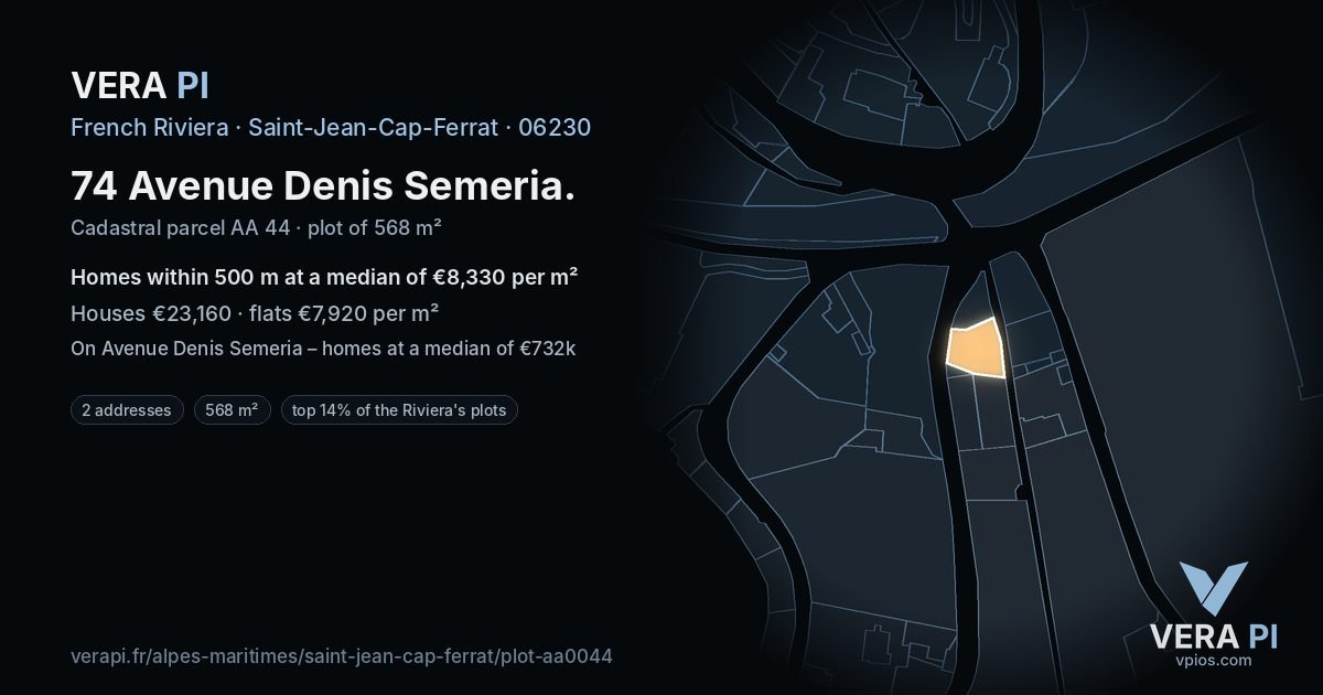 74 Avenue Denis Semeria, Saint-Jean-Cap-Ferrat at night – the plot lit, the parcels around coloured by the prices near them