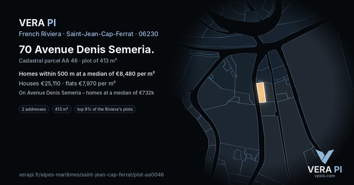 70 Avenue Denis Semeria, Saint-Jean-Cap-Ferrat at night – the plot lit, the parcels around coloured by the prices near them
