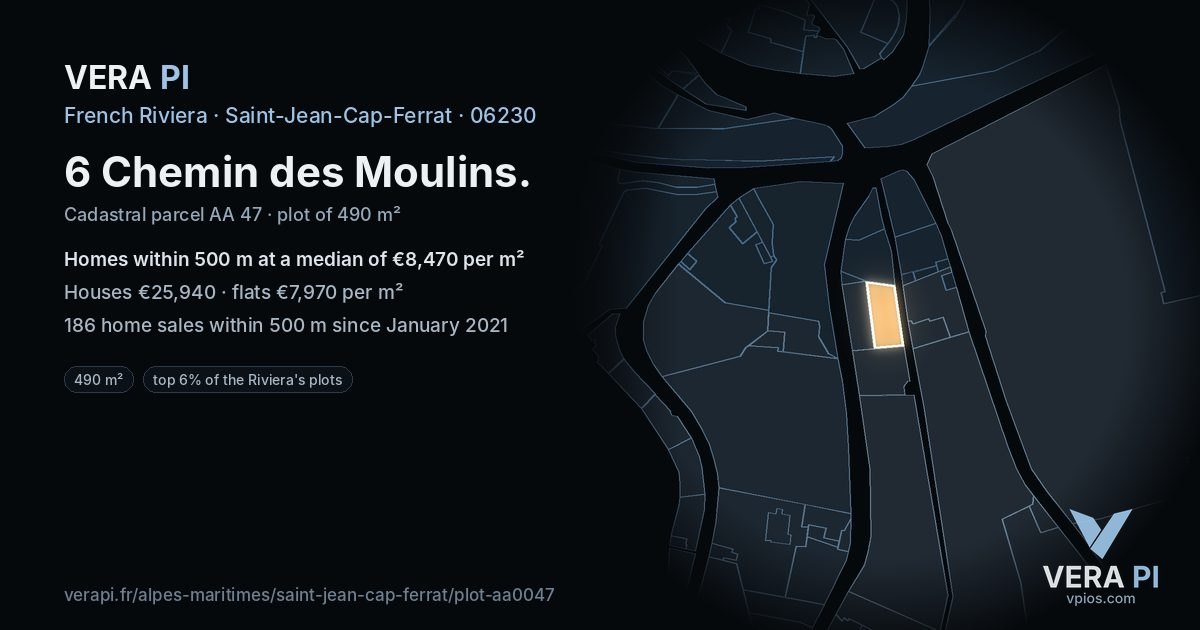 6 Chemin des Moulins, Saint-Jean-Cap-Ferrat at night – the plot lit, the parcels around coloured by the prices near them