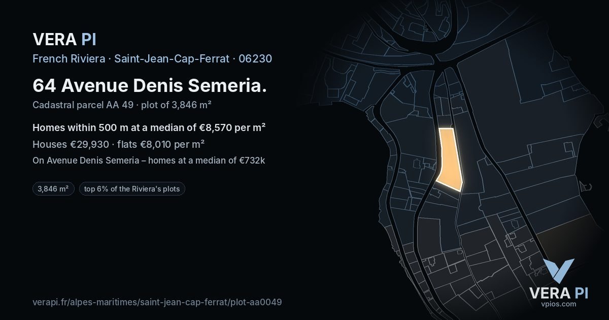 64 Avenue Denis Semeria, Saint-Jean-Cap-Ferrat at night – the plot lit, the parcels around coloured by the prices near them