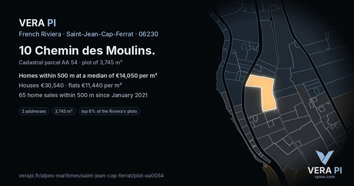 10 Chemin des Moulins, Saint-Jean-Cap-Ferrat at night – the plot lit, the parcels around coloured by the prices near them