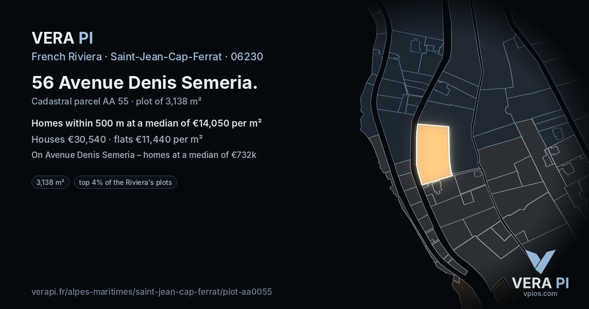 56 Avenue Denis Semeria, Saint-Jean-Cap-Ferrat at night – the plot lit, the parcels around coloured by the prices near them