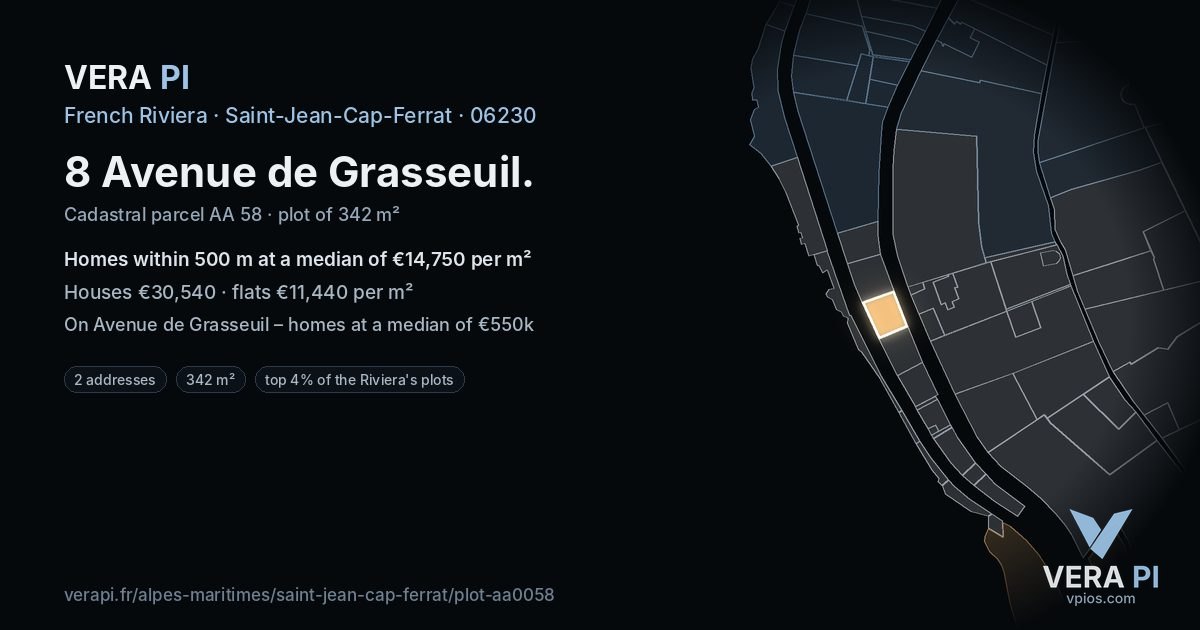 8 Avenue de Grasseuil, Saint-Jean-Cap-Ferrat at night – the plot lit, the parcels around coloured by the prices near them