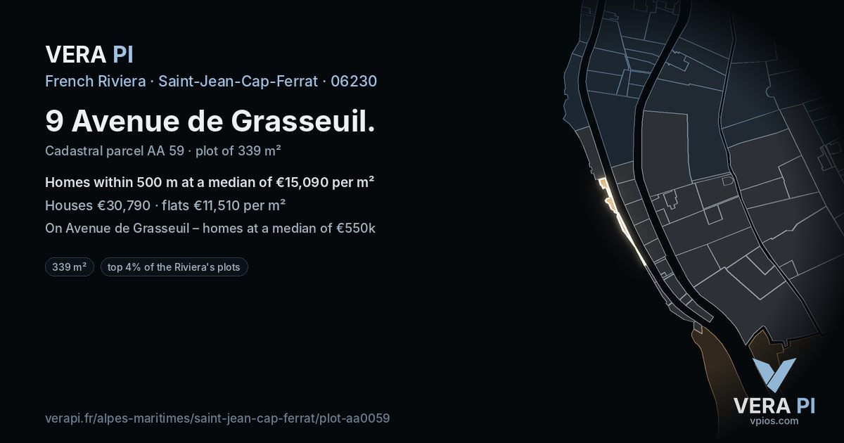 9 Avenue de Grasseuil, Saint-Jean-Cap-Ferrat at night – the plot lit, the parcels around coloured by the prices near them