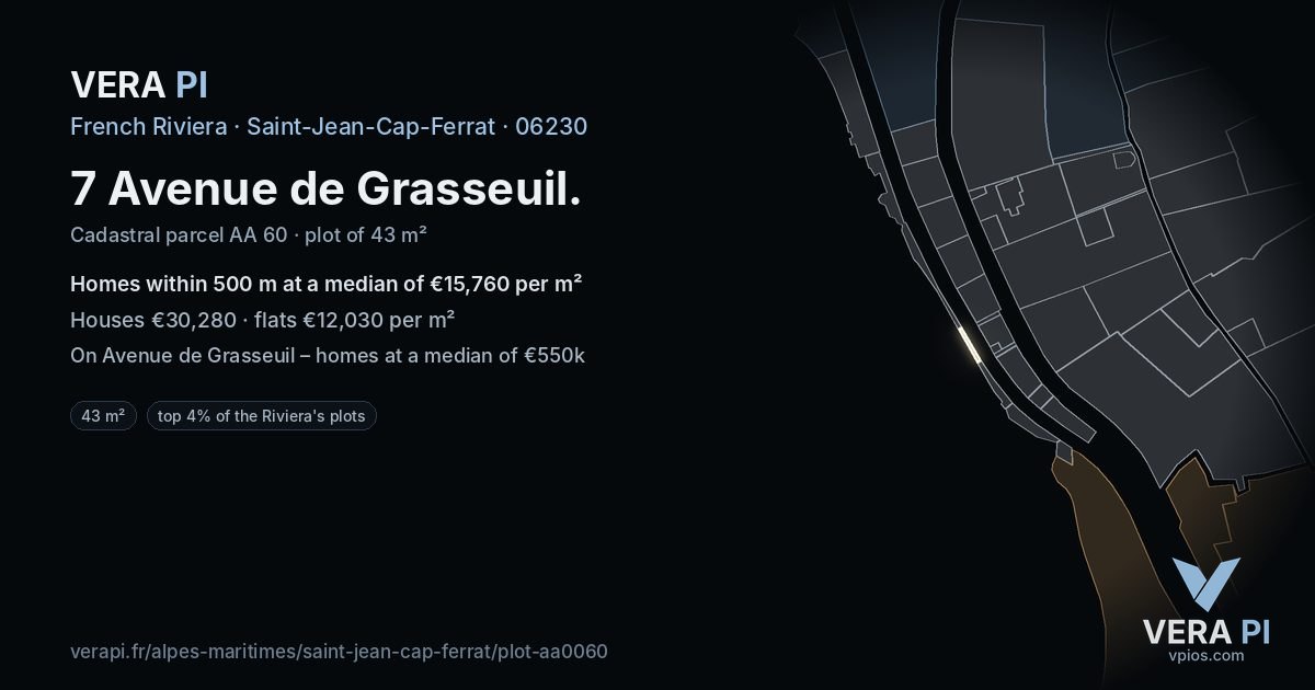 7 Avenue de Grasseuil, Saint-Jean-Cap-Ferrat at night – the plot lit, the parcels around coloured by the prices near them
