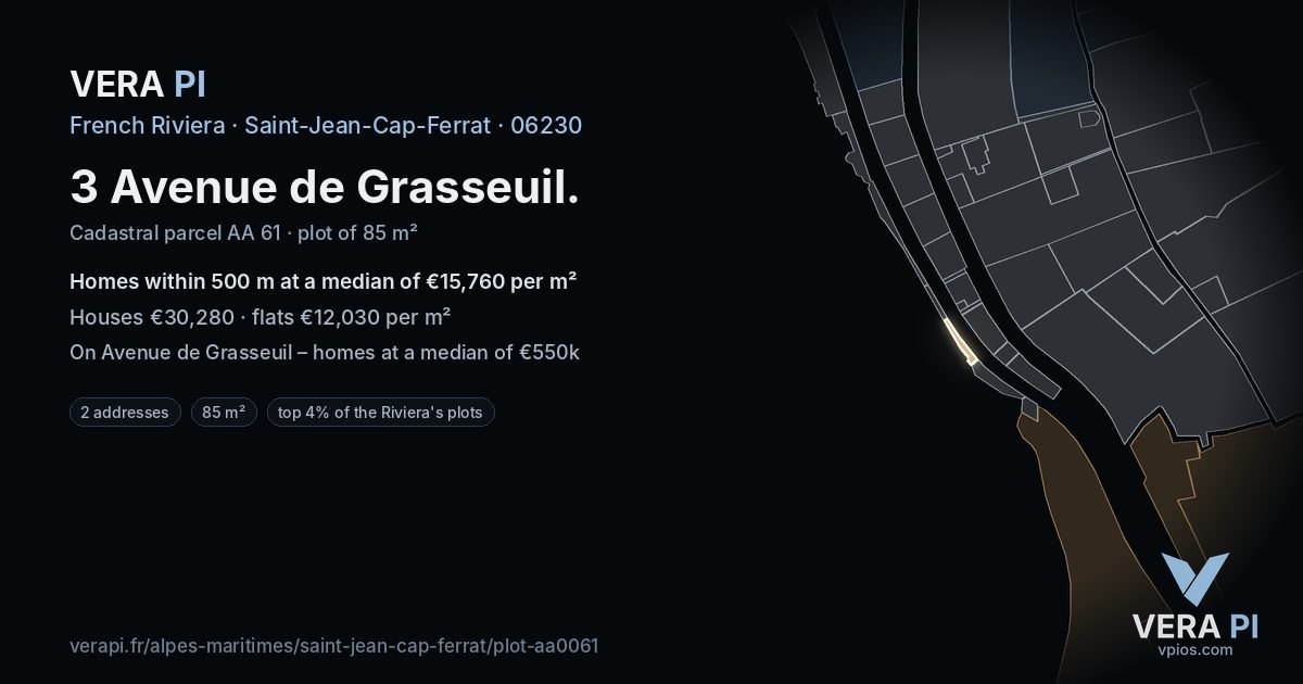 3 Avenue de Grasseuil, Saint-Jean-Cap-Ferrat at night – the plot lit, the parcels around coloured by the prices near them