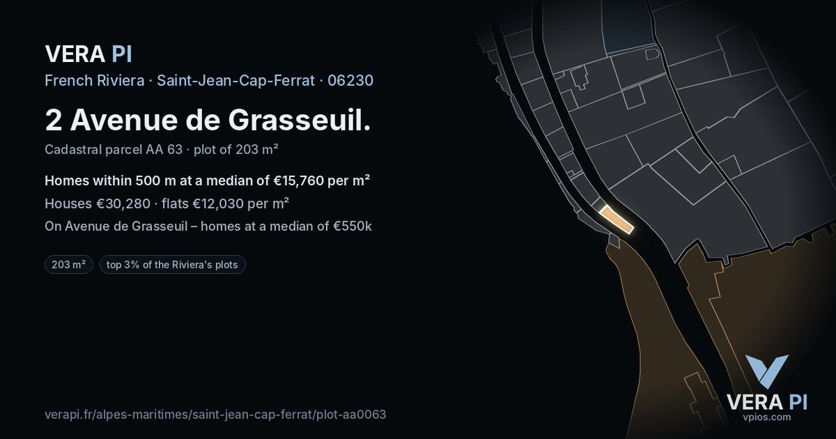 2 Avenue de Grasseuil, Saint-Jean-Cap-Ferrat at night – the plot lit, the parcels around coloured by the prices near them