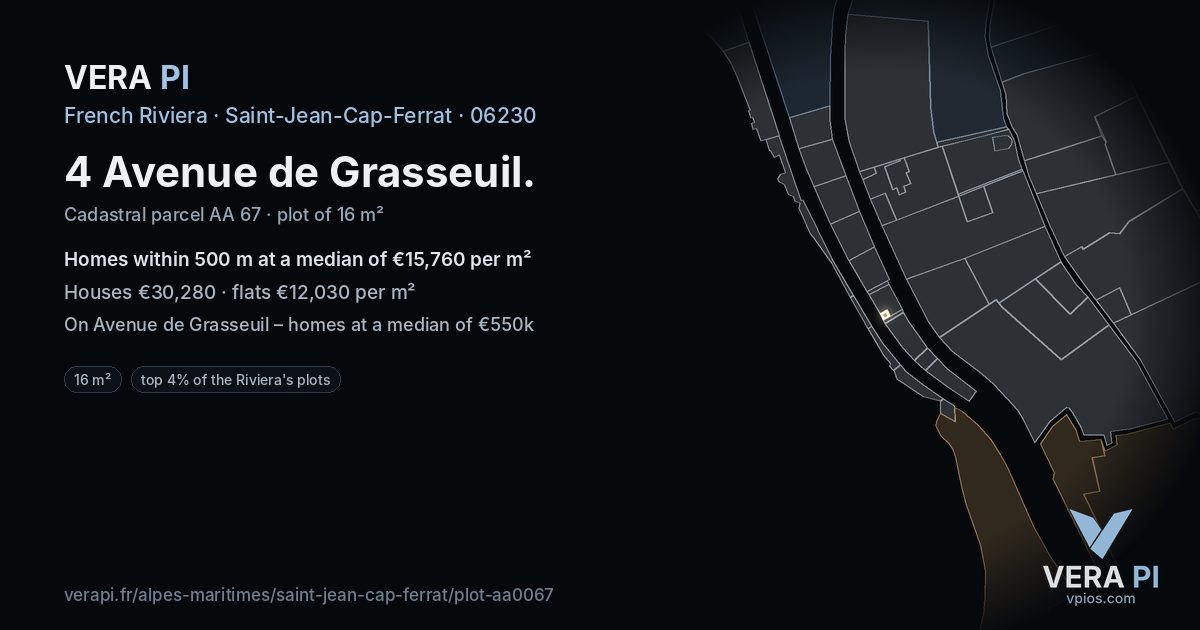 4 Avenue de Grasseuil, Saint-Jean-Cap-Ferrat at night – the plot lit, the parcels around coloured by the prices near them