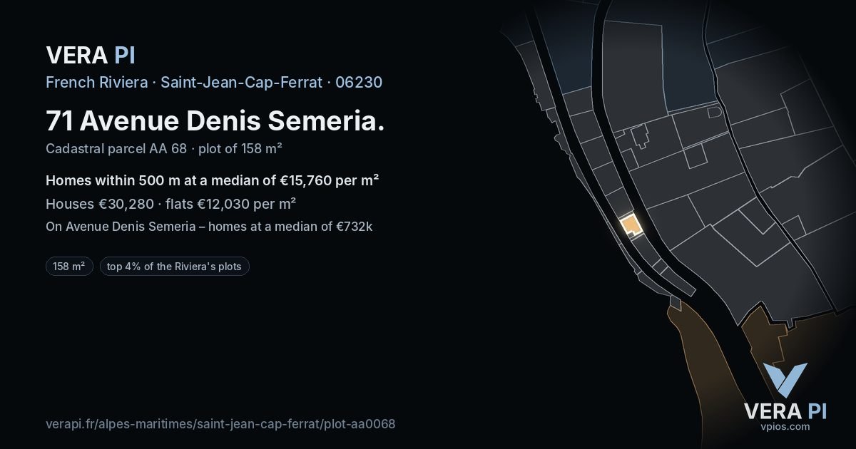 71 Avenue Denis Semeria, Saint-Jean-Cap-Ferrat at night – the plot lit, the parcels around coloured by the prices near them