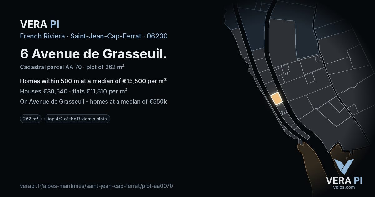 6 Avenue de Grasseuil, Saint-Jean-Cap-Ferrat at night – the plot lit, the parcels around coloured by the prices near them