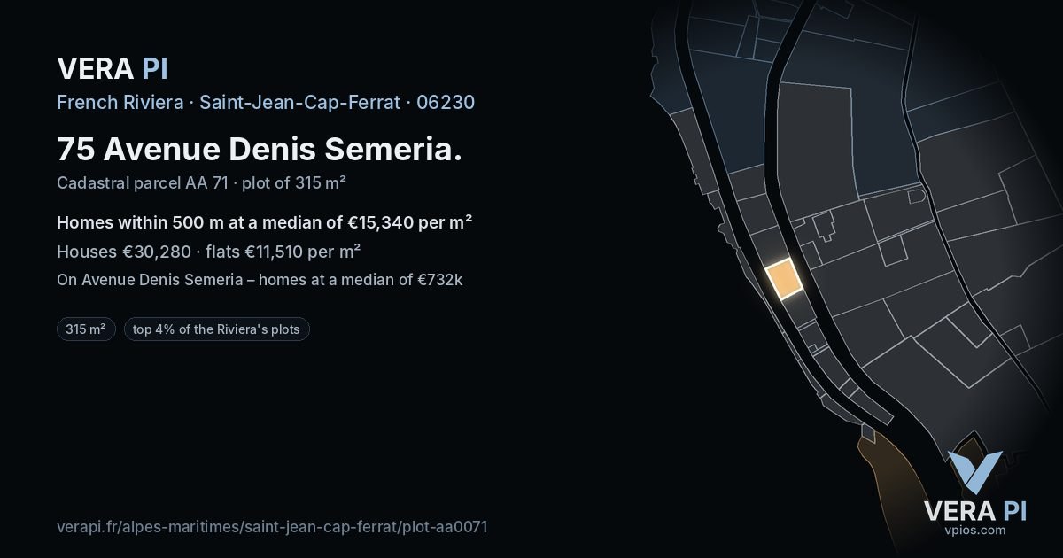 75 Avenue Denis Semeria, Saint-Jean-Cap-Ferrat at night – the plot lit, the parcels around coloured by the prices near them