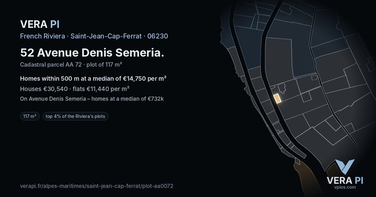 52 Avenue Denis Semeria, Saint-Jean-Cap-Ferrat at night – the plot lit, the parcels around coloured by the prices near them