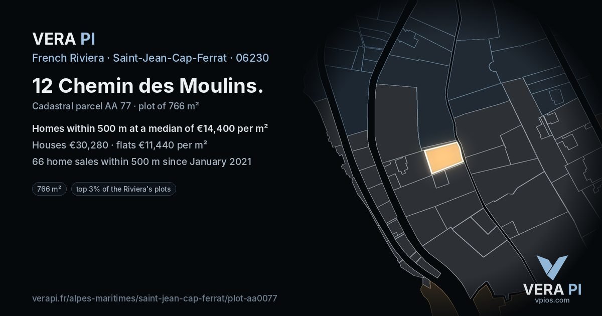 12 Chemin des Moulins, Saint-Jean-Cap-Ferrat at night – the plot lit, the parcels around coloured by the prices near them