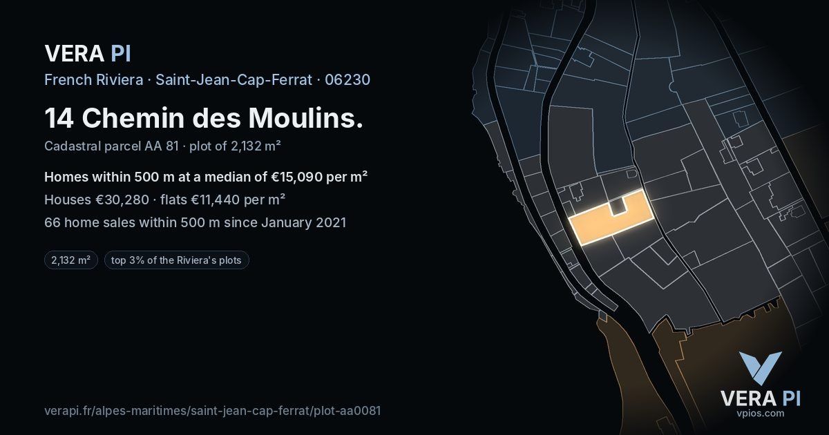 14 Chemin des Moulins, Saint-Jean-Cap-Ferrat at night – the plot lit, the parcels around coloured by the prices near them