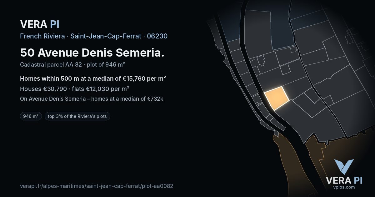 50 Avenue Denis Semeria, Saint-Jean-Cap-Ferrat at night – the plot lit, the parcels around coloured by the prices near them
