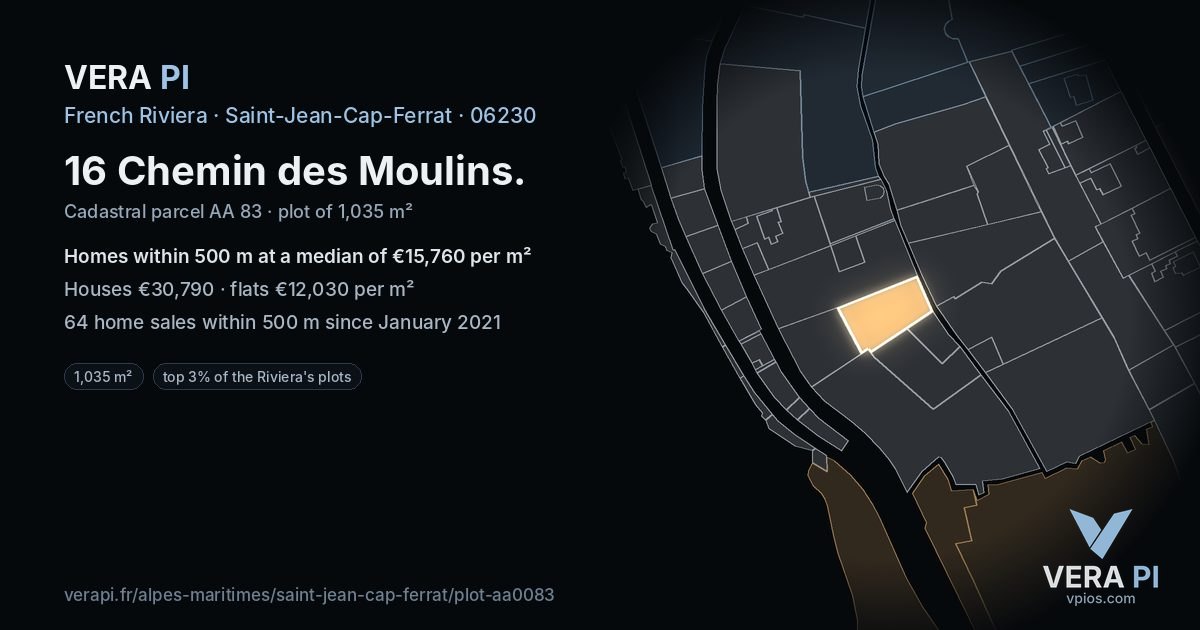 16 Chemin des Moulins, Saint-Jean-Cap-Ferrat at night – the plot lit, the parcels around coloured by the prices near them