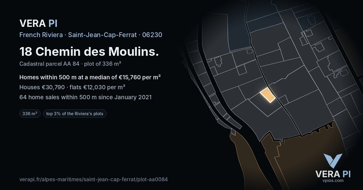 18 Chemin des Moulins, Saint-Jean-Cap-Ferrat at night – the plot lit, the parcels around coloured by the prices near them