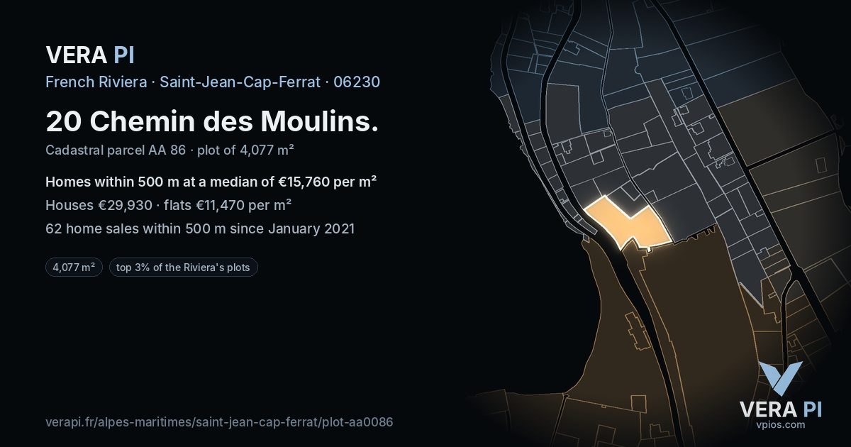 20 Chemin des Moulins, Saint-Jean-Cap-Ferrat at night – the plot lit, the parcels around coloured by the prices near them