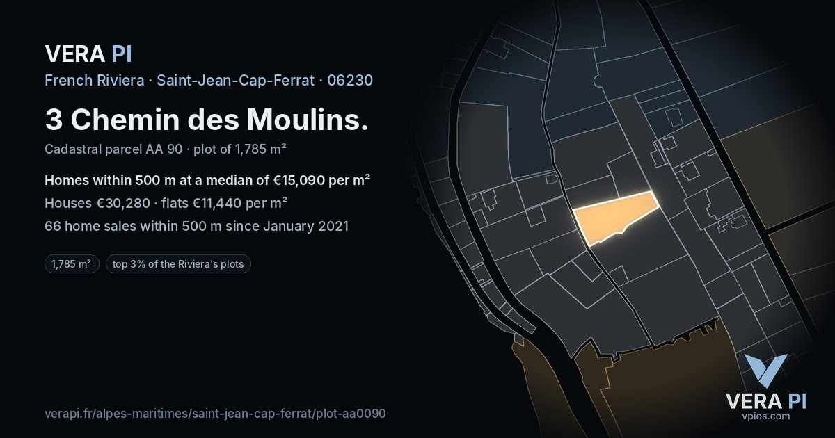 3 Chemin des Moulins, Saint-Jean-Cap-Ferrat at night – the plot lit, the parcels around coloured by the prices near them