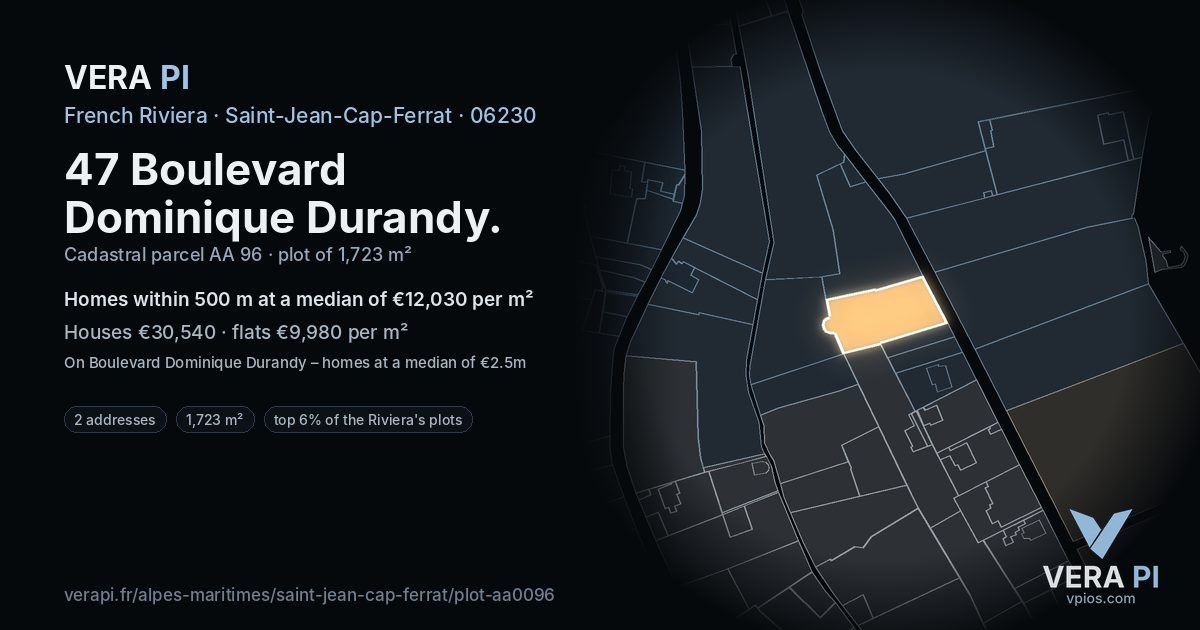 47 Boulevard Dominique Durandy, Saint-Jean-Cap-Ferrat at night – the plot lit, the parcels around coloured by the prices near them