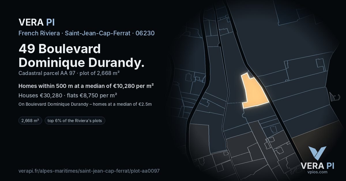49 Boulevard Dominique Durandy, Saint-Jean-Cap-Ferrat at night – the plot lit, the parcels around coloured by the prices near them