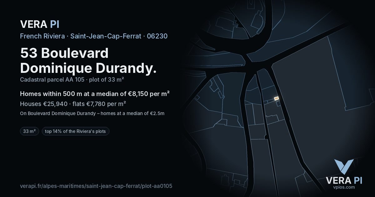 53 Boulevard Dominique Durandy, Saint-Jean-Cap-Ferrat at night – the plot lit, the parcels around coloured by the prices near them