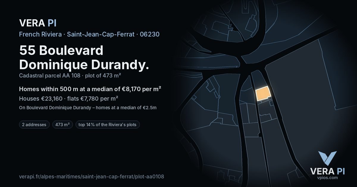 55 Boulevard Dominique Durandy, Saint-Jean-Cap-Ferrat at night – the plot lit, the parcels around coloured by the prices near them
