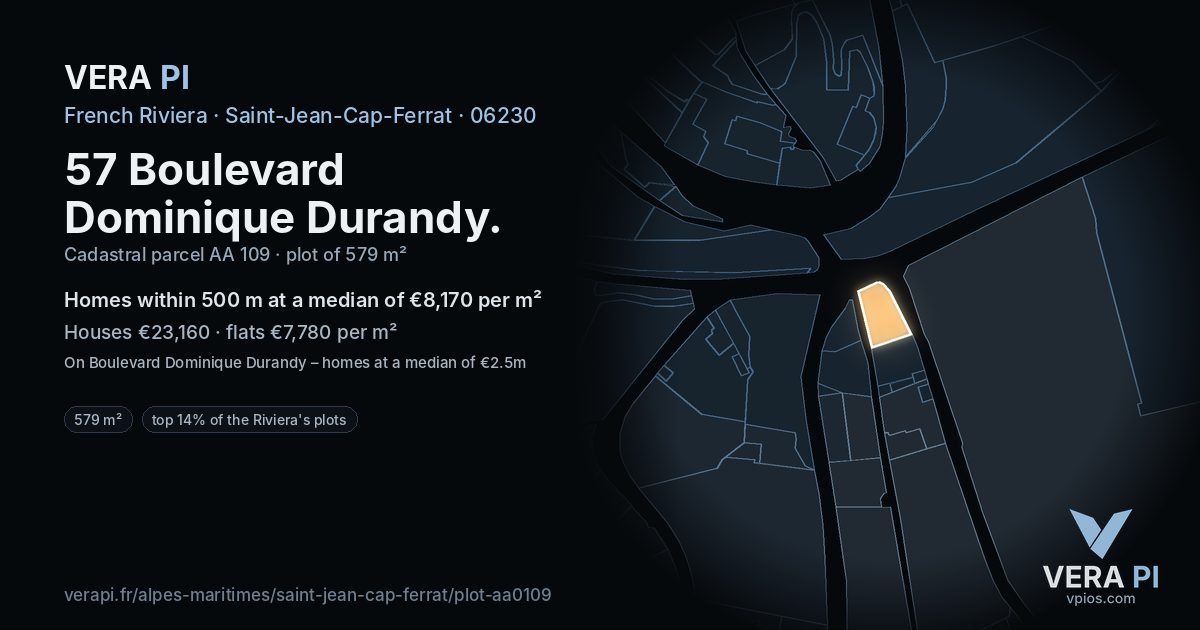 57 Boulevard Dominique Durandy, Saint-Jean-Cap-Ferrat at night – the plot lit, the parcels around coloured by the prices near them