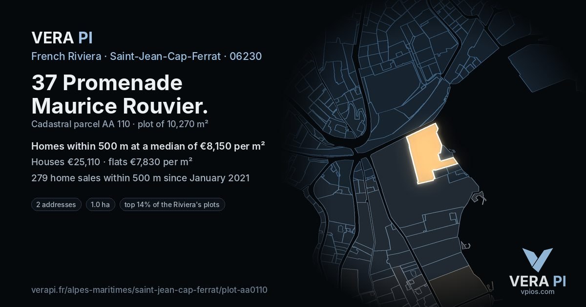 37 Promenade Maurice Rouvier, Saint-Jean-Cap-Ferrat at night – the plot lit, the parcels around coloured by the prices near them