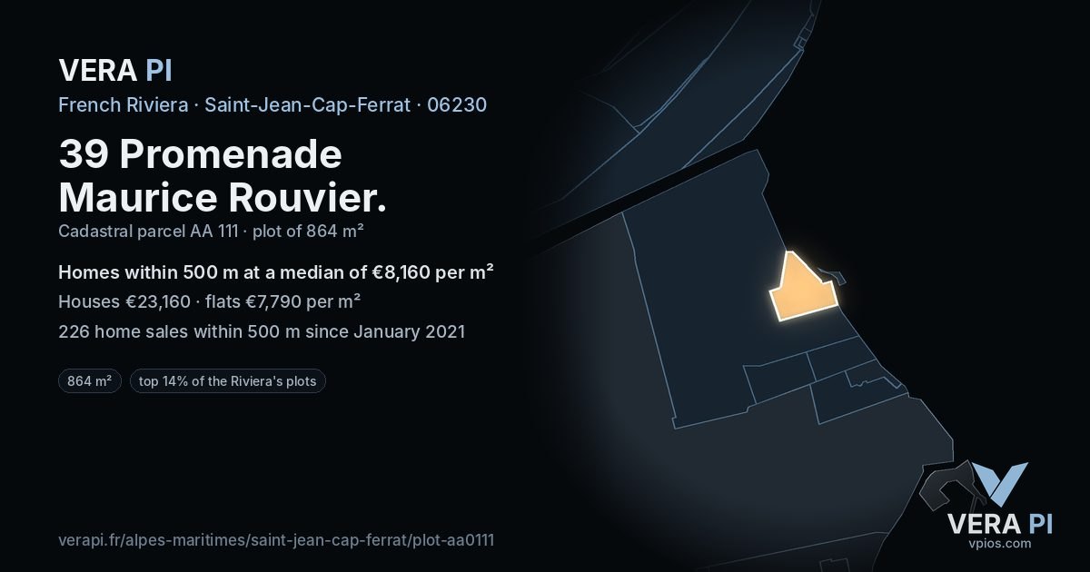 39 Promenade Maurice Rouvier, Saint-Jean-Cap-Ferrat at night – the plot lit, the parcels around coloured by the prices near them