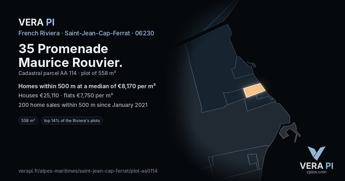 35 Promenade Maurice Rouvier, Saint-Jean-Cap-Ferrat at night – the plot lit, the parcels around coloured by the prices near them