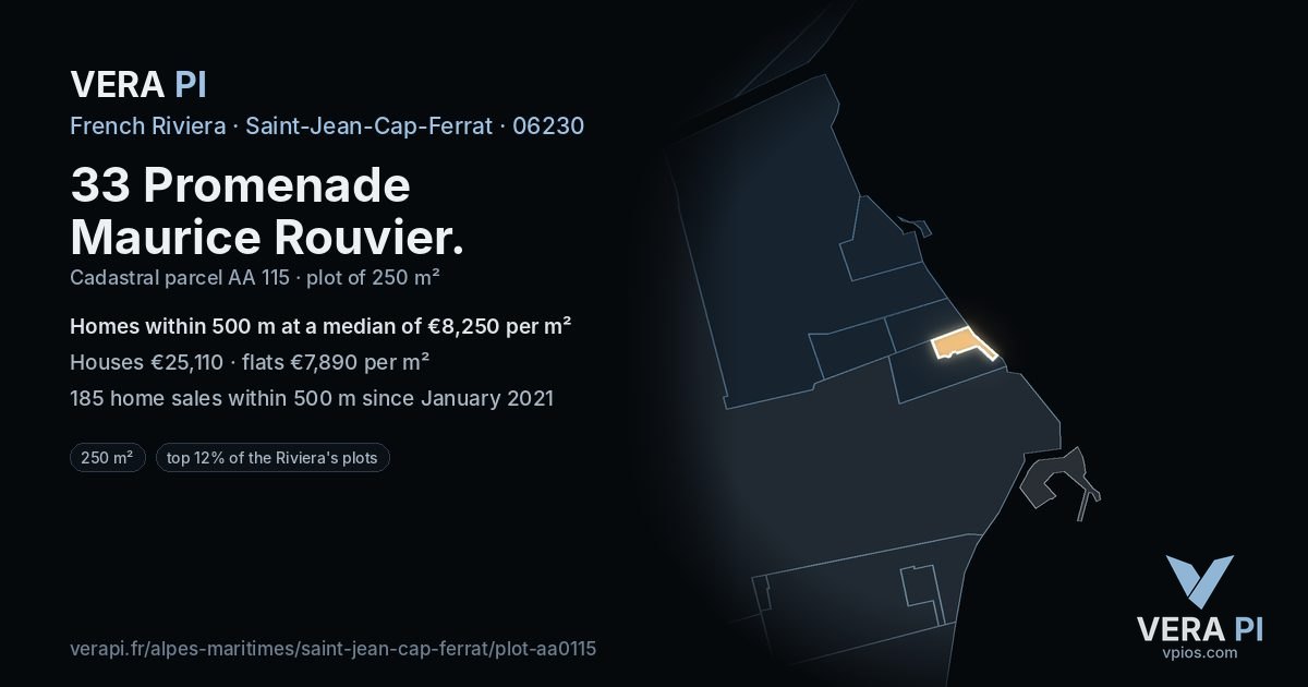 33 Promenade Maurice Rouvier, Saint-Jean-Cap-Ferrat at night – the plot lit, the parcels around coloured by the prices near them