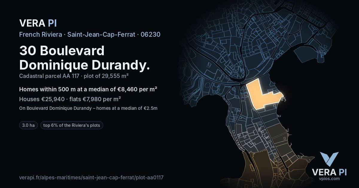 30 Boulevard Dominique Durandy, Saint-Jean-Cap-Ferrat at night – the plot lit, the parcels around coloured by the prices near them