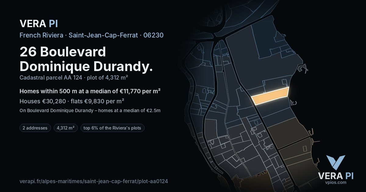 26 Boulevard Dominique Durandy, Saint-Jean-Cap-Ferrat at night – the plot lit, the parcels around coloured by the prices near them
