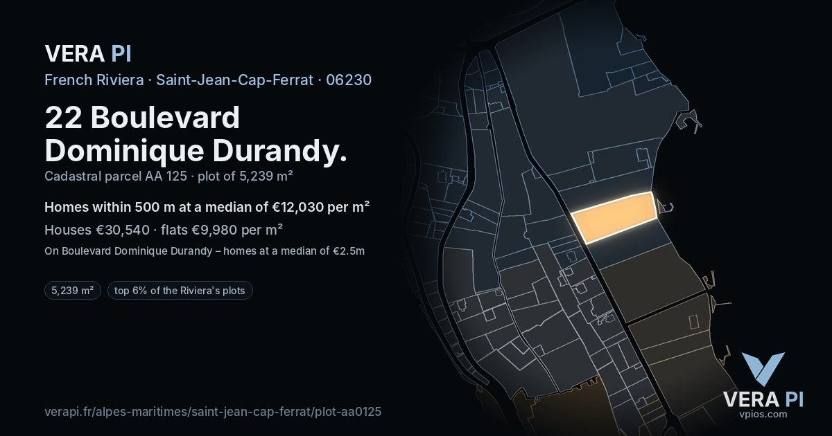 22 Boulevard Dominique Durandy, Saint-Jean-Cap-Ferrat at night – the plot lit, the parcels around coloured by the prices near them